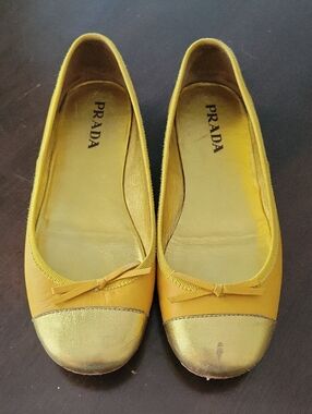Prada Yellow Leather Ballet Flats with Gold Cap Toe